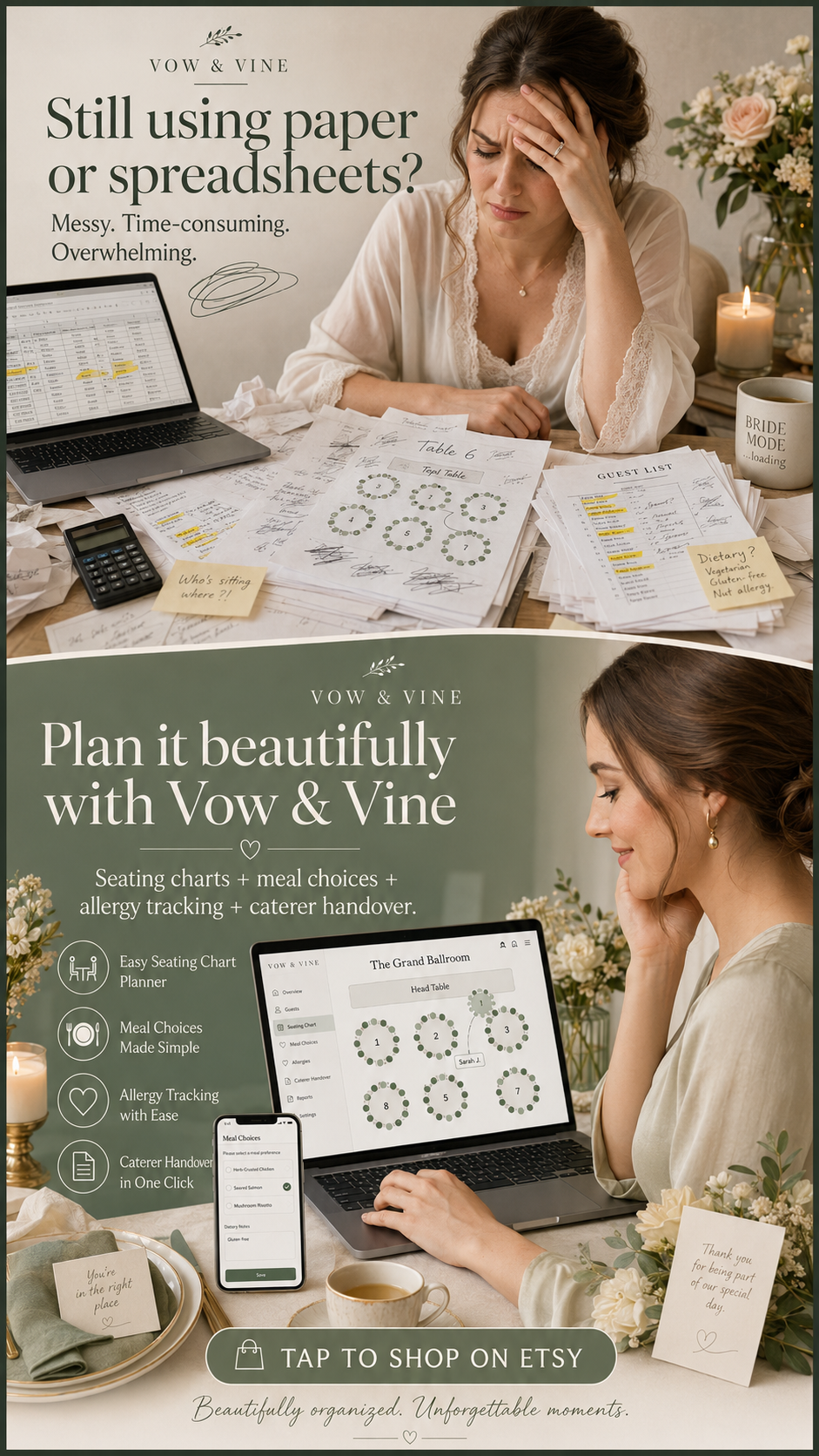 Vow and Vine before and after image showing messy paper planning transformed into a calm digital seating planner