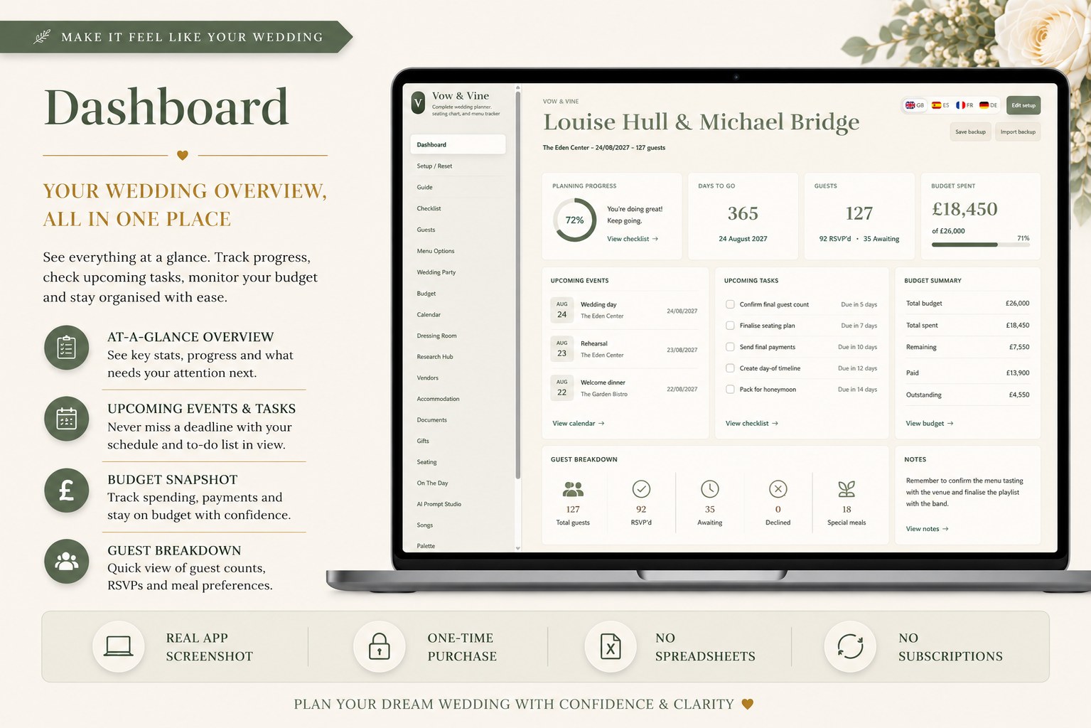 Complete Vow & Vine wedding planner app dashboard
