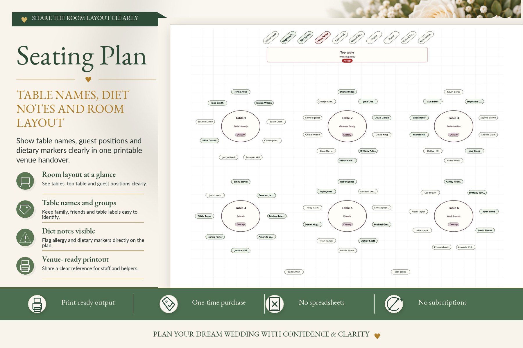 Vow & Vine seating plan printout preview